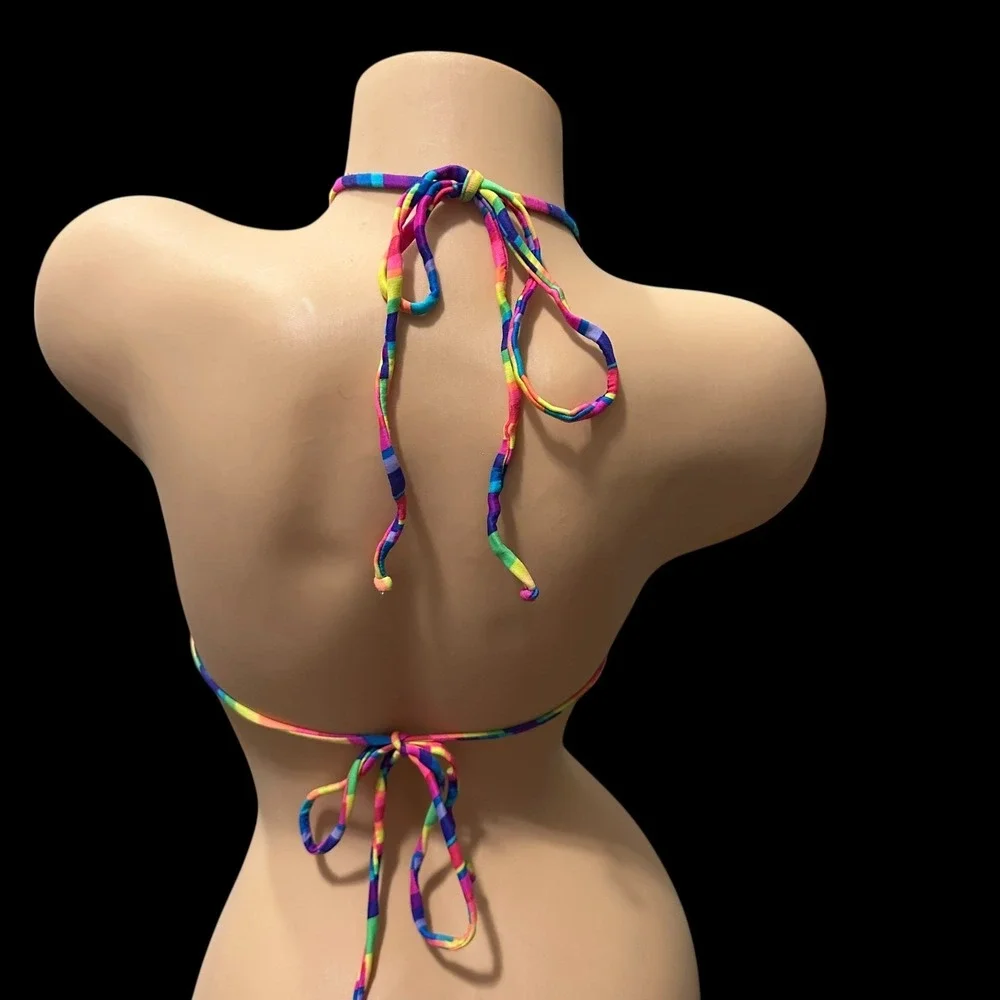Y2K rainbow checker bikini top Sunset Beach size M Rave Festival‎